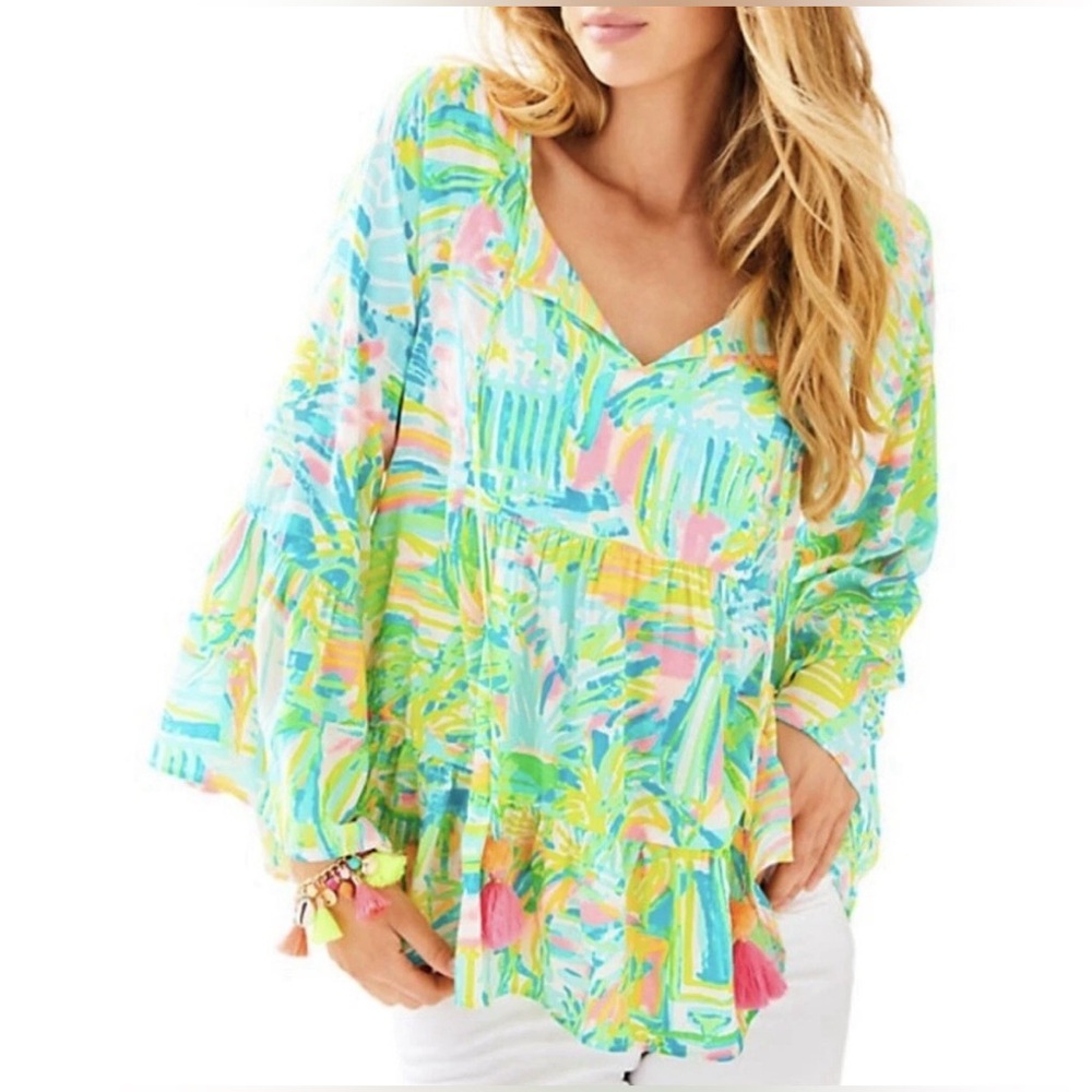 Lilly Pulitzer Amisa Sea Salt Sun Tunic Blouse Size XXS sku11